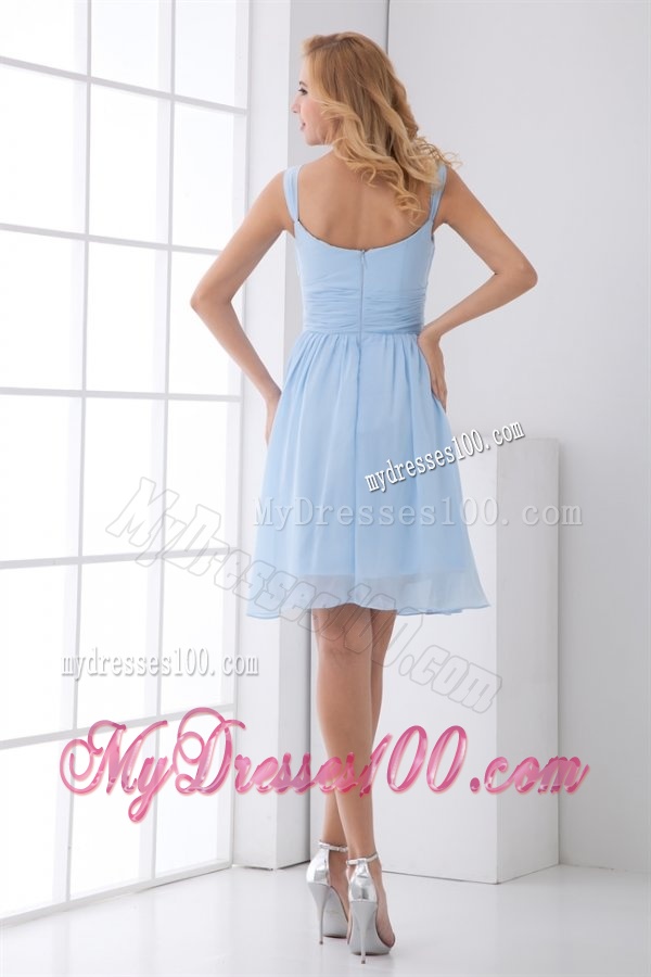 Simple Empire Straps Knee-length Chiffon Light Blue Evening Dress