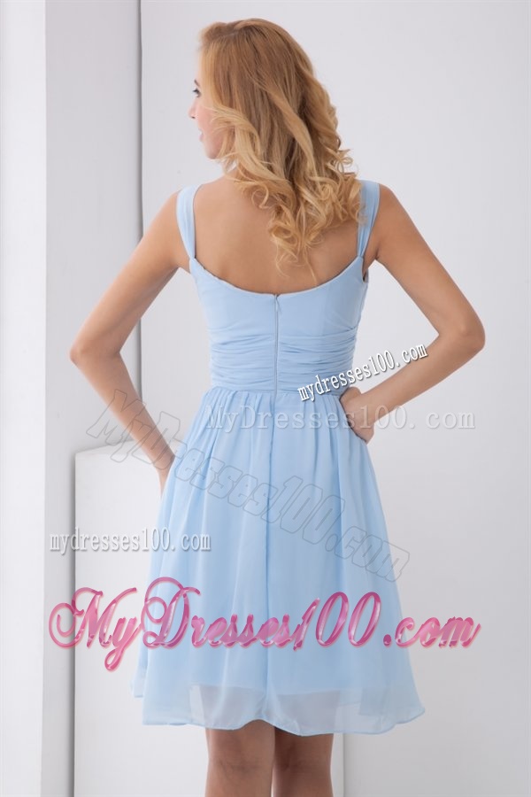 Simple Empire Straps Knee-length Chiffon Light Blue Evening Dress