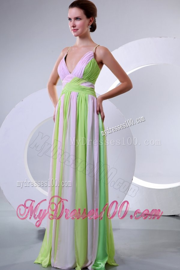 Spaghetti Straps Empire Multi-color Chiffon Evening Dress with Ruching