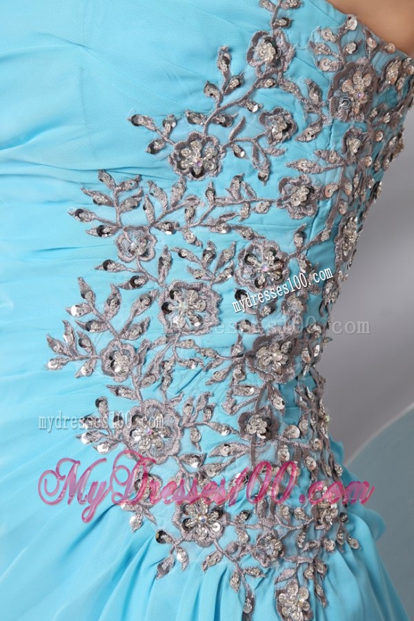 Strapless Aqua Blue Floor-length Appliques and High Silt Evening Dress