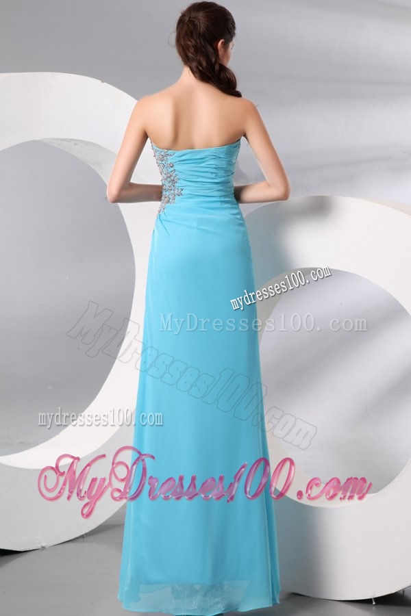 Strapless Aqua Blue Floor-length Appliques and High Silt Evening Dress