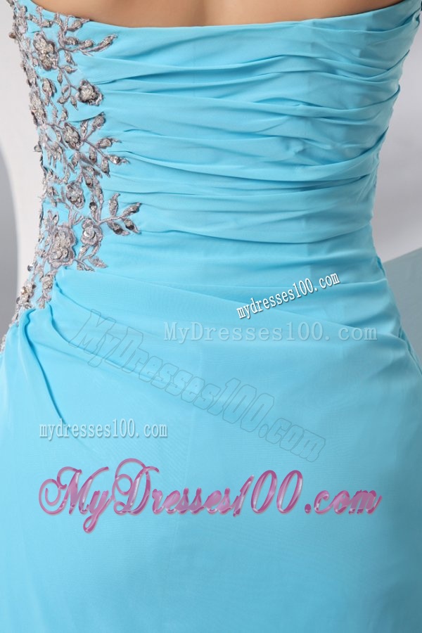 Strapless Aqua Blue Floor-length Appliques and High Silt Evening Dress