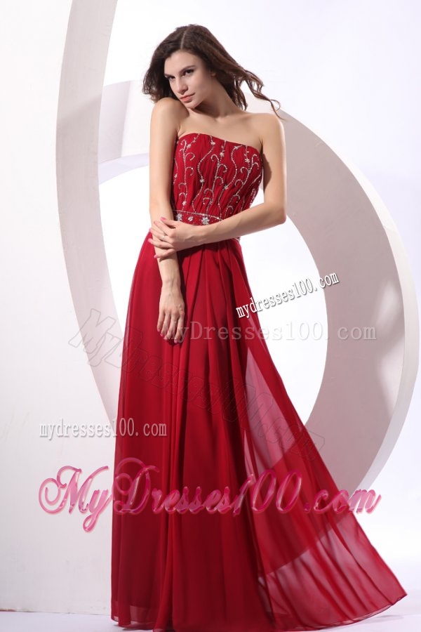 Strapless Beaded Decorate Floor-length Wine Red Evening Dress