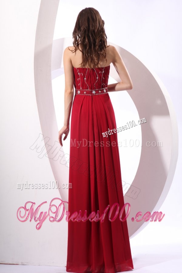 Strapless Beaded Decorate Floor-length Wine Red Evening Dress