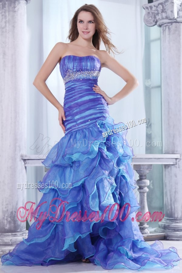 Strapless Beading and Ruffles Layered Mermaid Purple and Blue Evening Dress