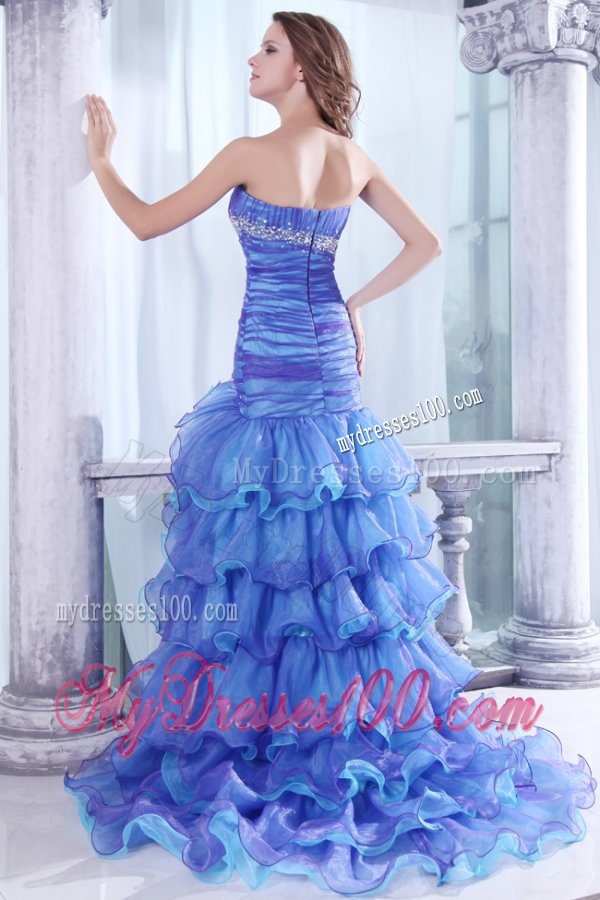 Strapless Beading and Ruffles Layered Mermaid Purple and Blue Evening Dress