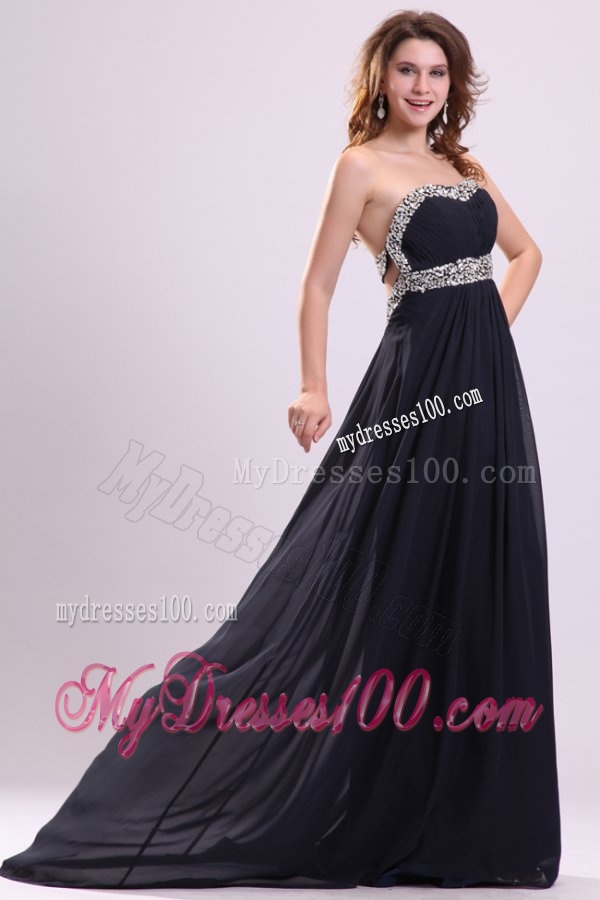 Sweetheart Beaded Brush Train Navy Blue Evening Dress with Backless