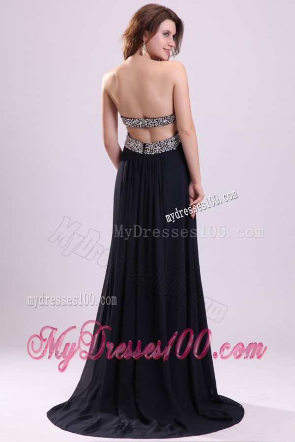 Sweetheart Beaded Brush Train Navy Blue Evening Dress with Backless