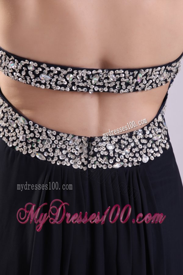 Sweetheart Beaded Brush Train Navy Blue Evening Dress with Backless