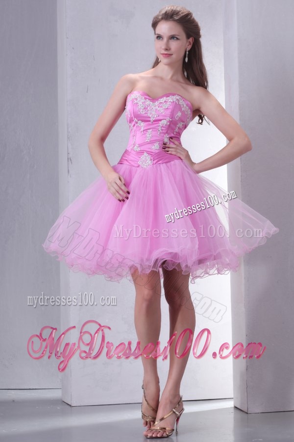 Sweetheart Rose Pink Short Organza Mini-length Evening Dress with Appliques