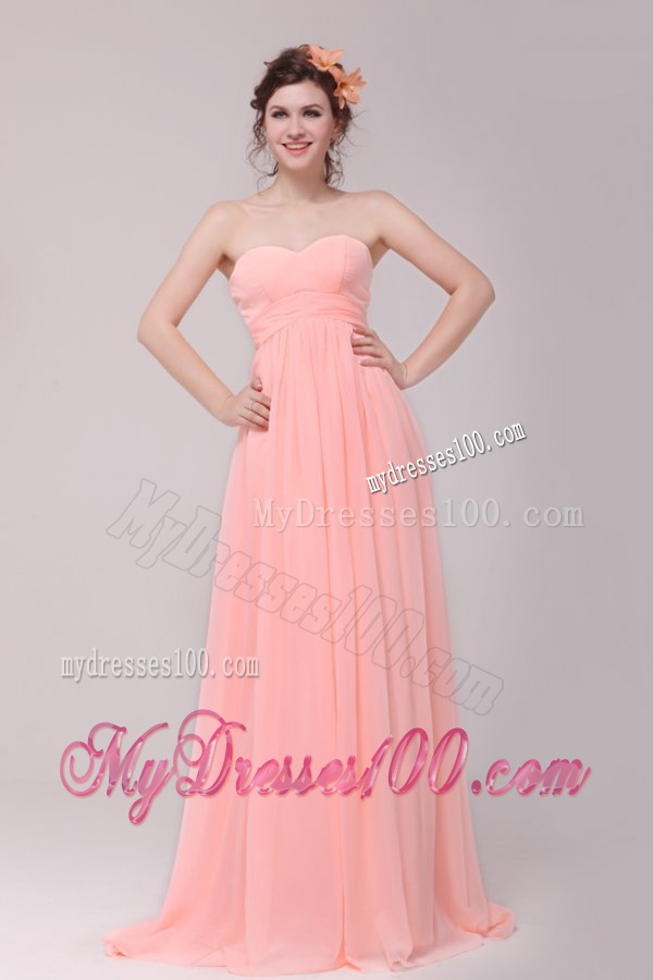 Sweetheart Ruched Chiffon Empire Peach Evening Dress with Brush Train