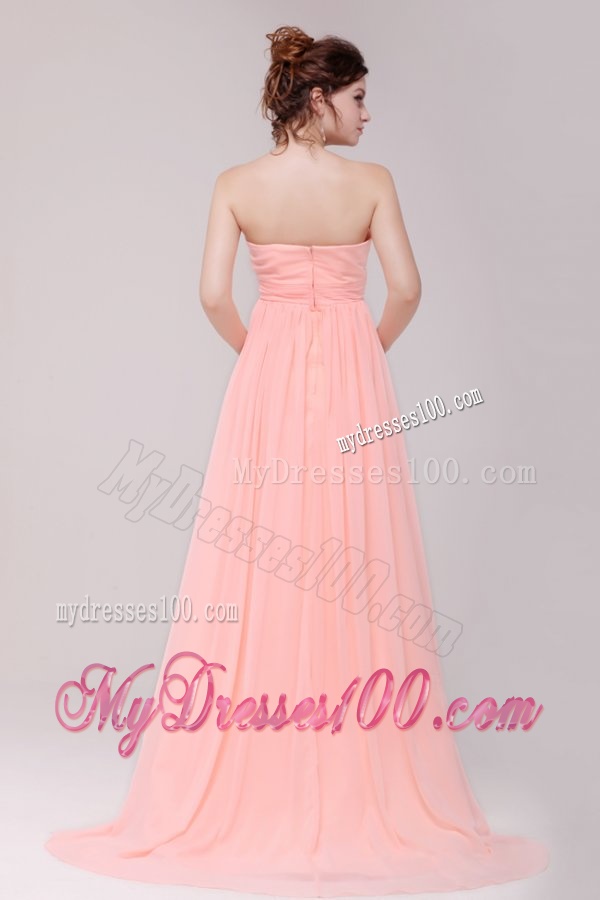 Sweetheart Ruched Chiffon Empire Peach Evening Dress with Brush Train