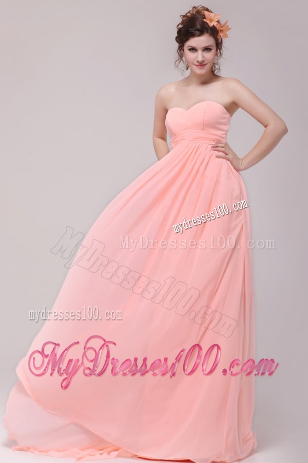 Sweetheart Ruched Chiffon Empire Peach Evening Dress with Brush Train