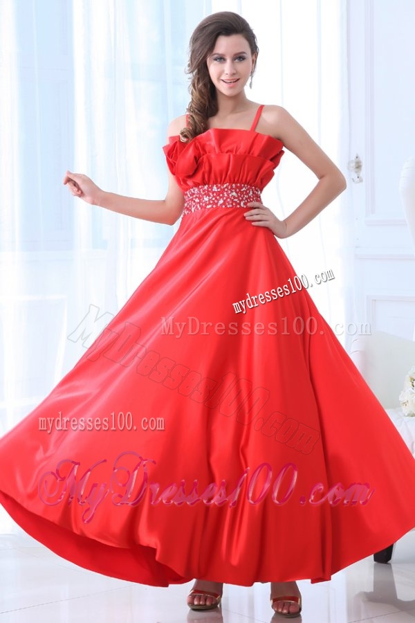 Taffeta Red Empire One Shoulder Ankle-length Beading Evening Dress