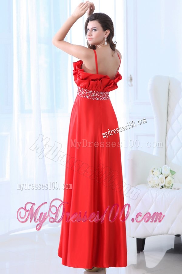 Taffeta Red Empire One Shoulder Ankle-length Beading Evening Dress