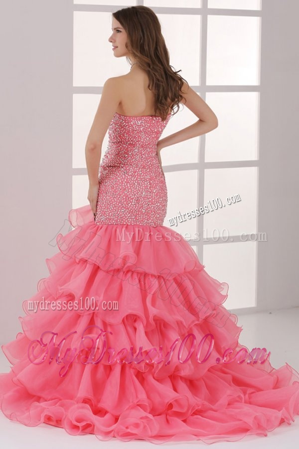 Watermelon Sweetheart Mermaid Beading and Ruffles Layered Evening Dress