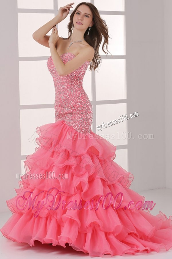 Watermelon Sweetheart Mermaid Beading and Ruffles Layered Evening Dress