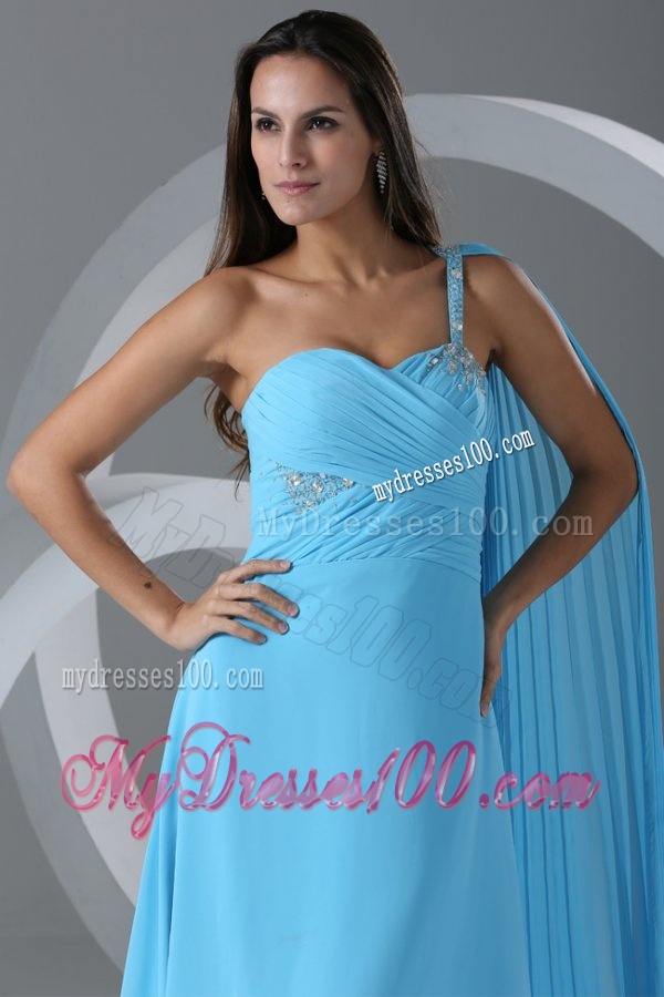 Watteau Train Aqua Blue Empire One Shoulder Evening Dress with Beading