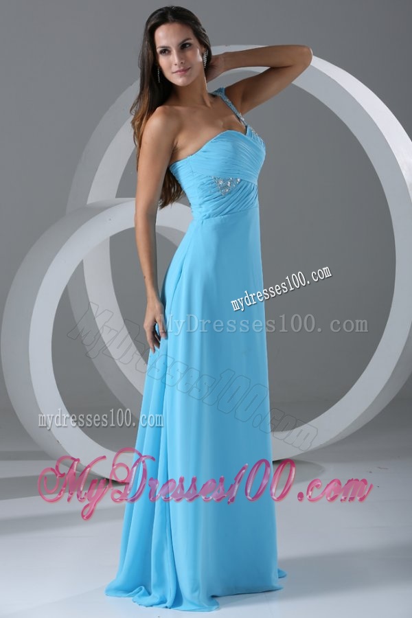 Watteau Train Aqua Blue Empire One Shoulder Evening Dress with Beading