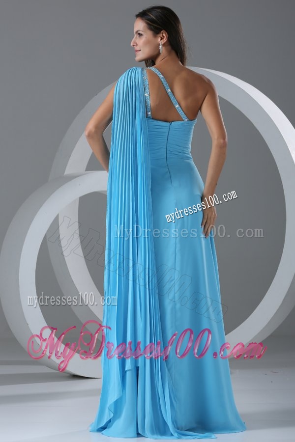 Watteau Train Aqua Blue Empire One Shoulder Evening Dress with Beading