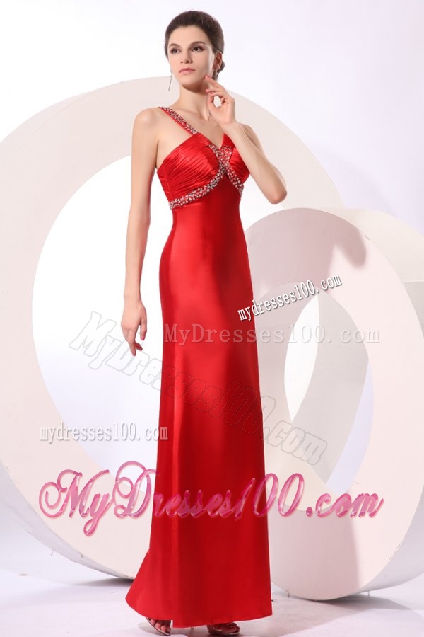 Wine Red Column Straps Beading and Ruching Evening Dress