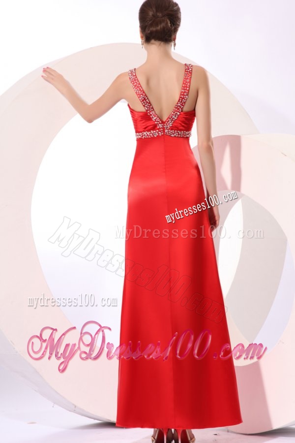 Wine Red Column Straps Beading and Ruching Evening Dress