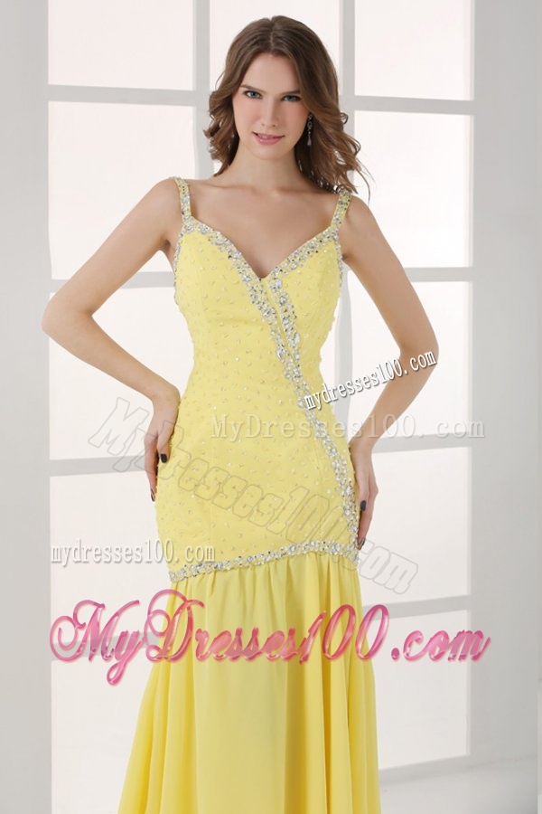 Yellow Straps Column Beaded Decorate and Silt Sweep Train Evening Dress