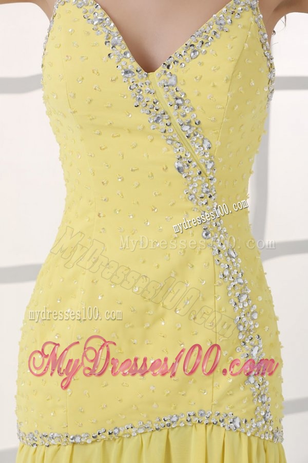 Yellow Straps Column Beaded Decorate and Silt Sweep Train Evening Dress