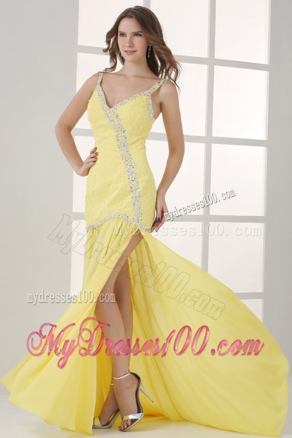 Yellow Straps Column Beaded Decorate and Silt Sweep Train Evening Dress