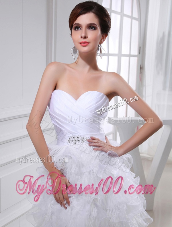 2016 Beautiful A-line Sweetheart Organza Ruching Ruffles White Short Wedding Dress