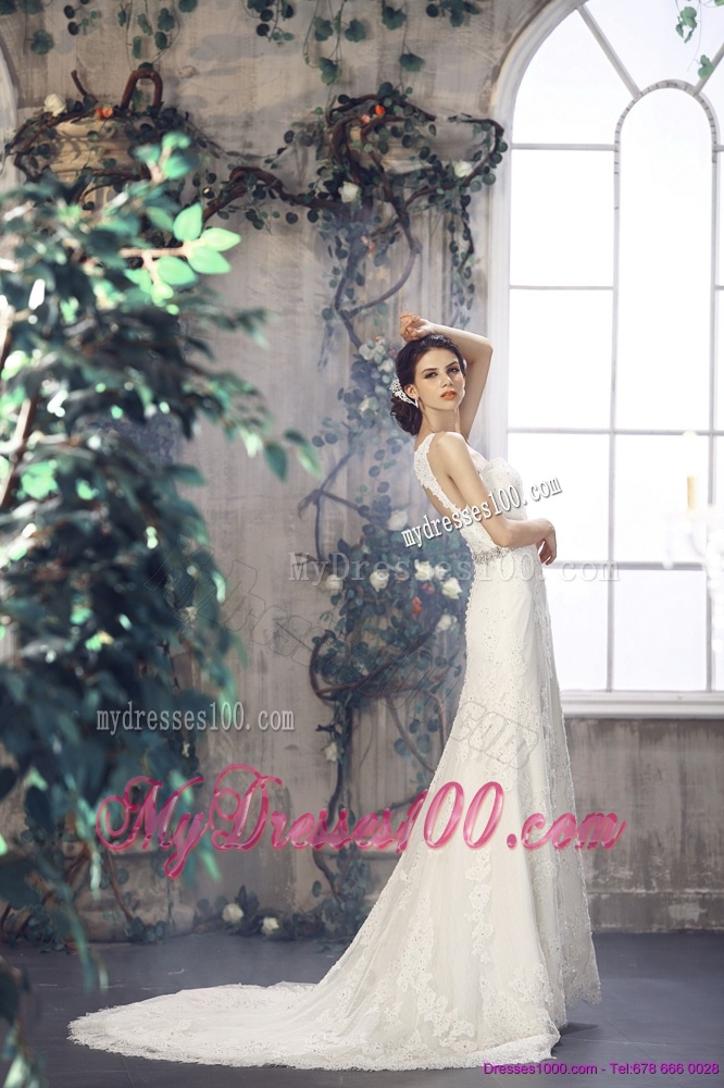 2016 Flirting Lace Straps Wedding Dresses with Court Train