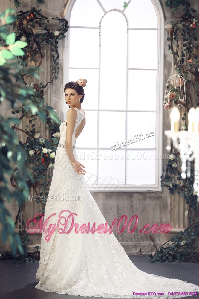 2016 Flirting Lace Straps Wedding Dresses with Court Train