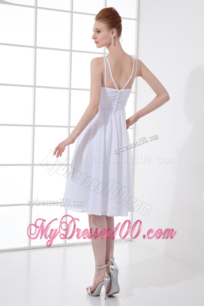 2016 Spring A-line V-neck Knee-length Chiffon Wedding Dress with Ruching