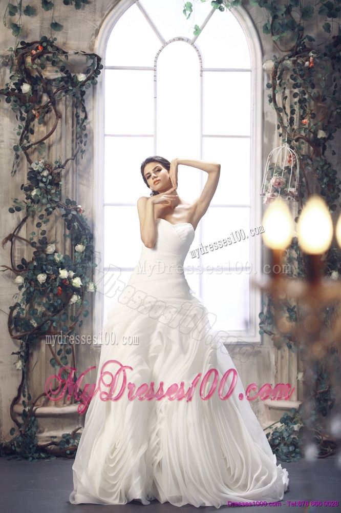 2016 White Sweetheart Ruching Wedding Dresses with Brush Train