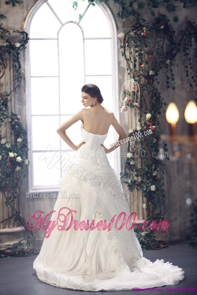 2016 White Sweetheart Ruching Wedding Dresses with Brush Train