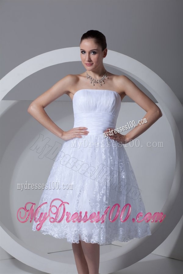 A-Line Strapless Tea-length Lace and Ruching Wedding Dress