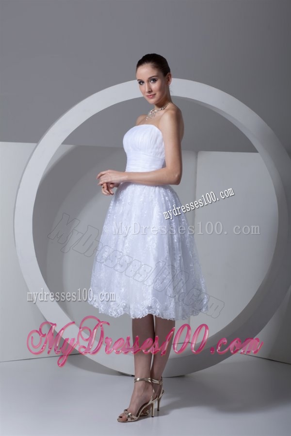 A-Line Strapless Tea-length Lace and Ruching Wedding Dress