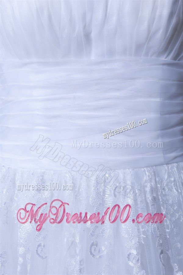A-Line Strapless Tea-length Lace and Ruching Wedding Dress