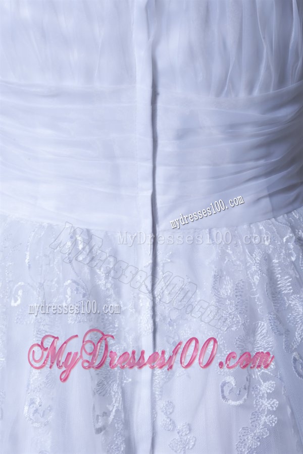 A-Line Strapless Tea-length Lace and Ruching Wedding Dress