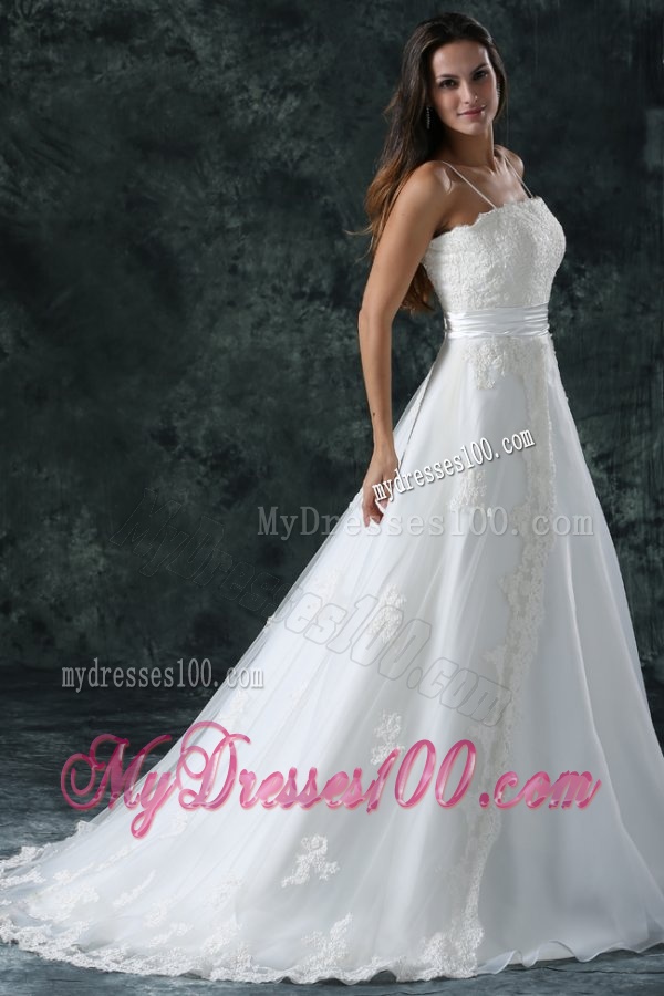 A-Line Straps Appliques Lace Up Tulle Wedding Dress with Court Train
