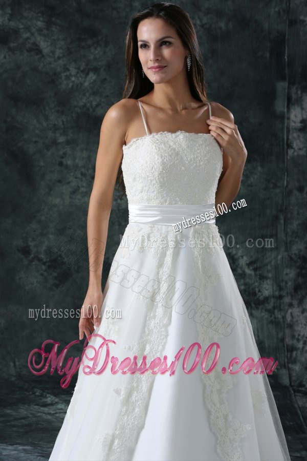 A-Line Straps Appliques Lace Up Tulle Wedding Dress with Court Train