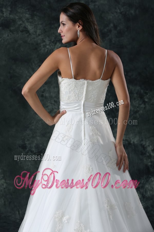 A-Line Straps Appliques Lace Up Tulle Wedding Dress with Court Train