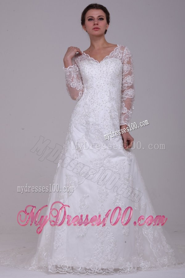 A-Line V-Neck Lace Up Lace Appliques Court Train Wedding Dress with 3/4 Sleeveles