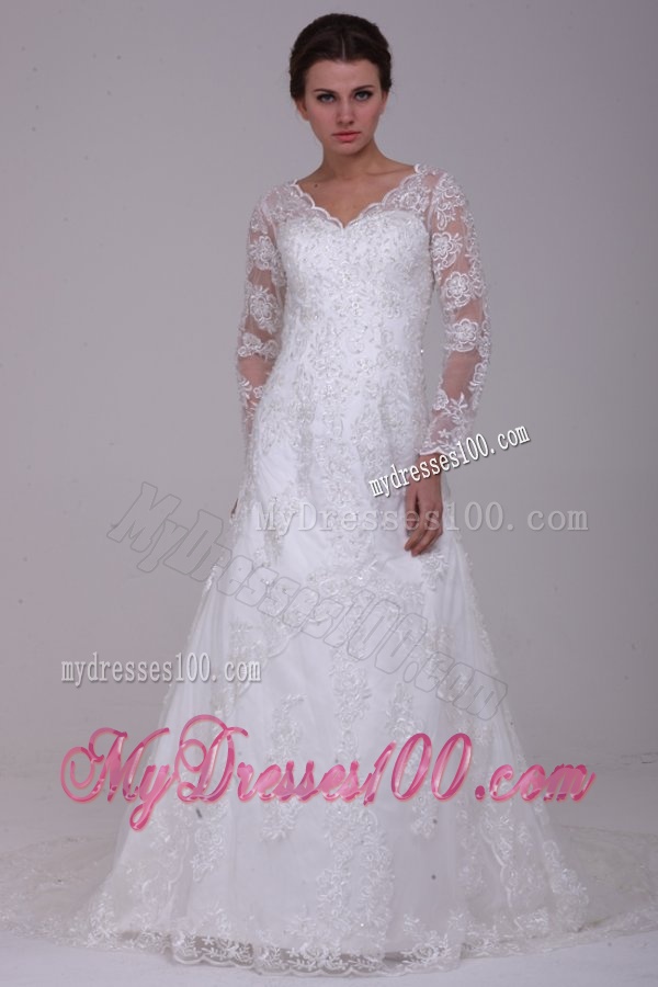 A-Line V-Neck Lace Up Lace Appliques Court Train Wedding Dress with 3/4 Sleeveles