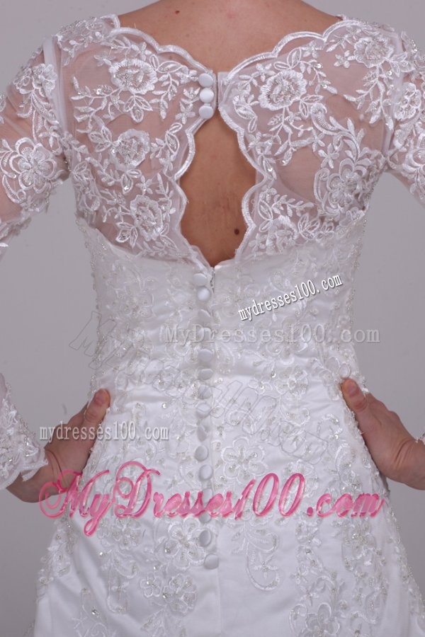 A-Line V-Neck Lace Up Lace Appliques Court Train Wedding Dress with 3/4 Sleeveles