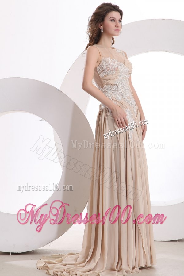 A-line Champagne Scoop Appliques Ruching Wedding Dress