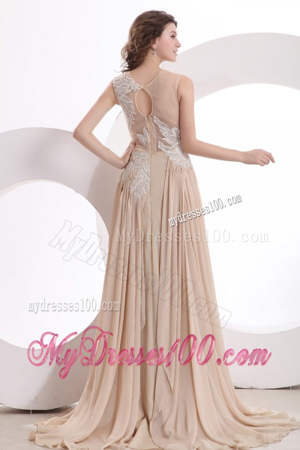 A-line Champagne Scoop Appliques Ruching Wedding Dress