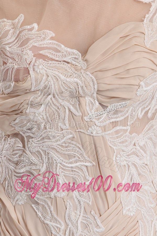 A-line Champagne Scoop Appliques Ruching Wedding Dress