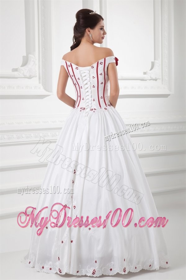 A-line Off The Shoulder Appliques and Hand Made Flowers Wedding Dress