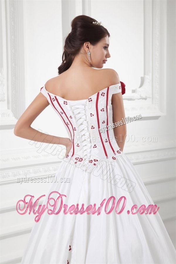 A-line Off The Shoulder Appliques and Hand Made Flowers Wedding Dress